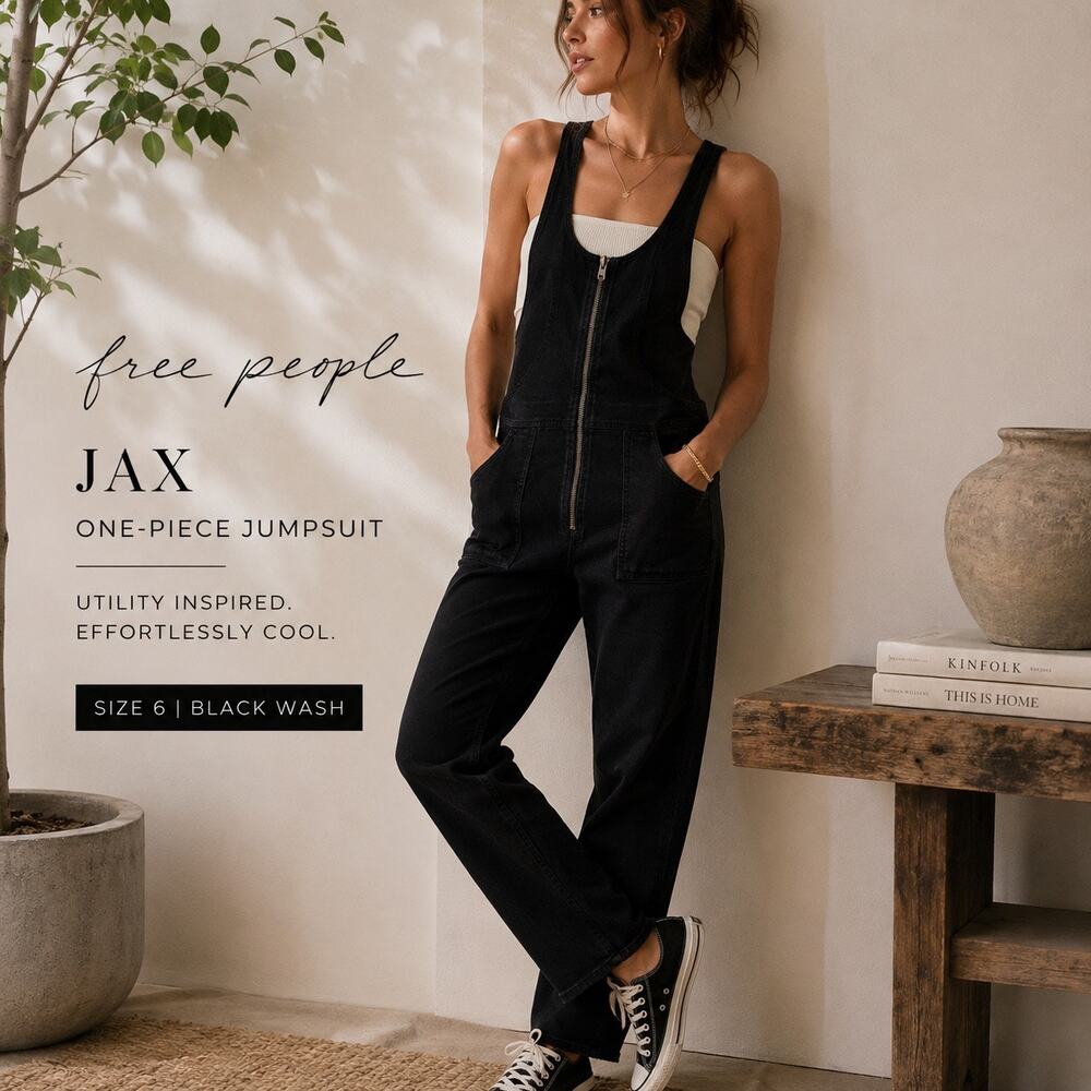 Free People Jax Denim One-Piece Jumpsuit Black Wash Zip Front Overalls Size 6